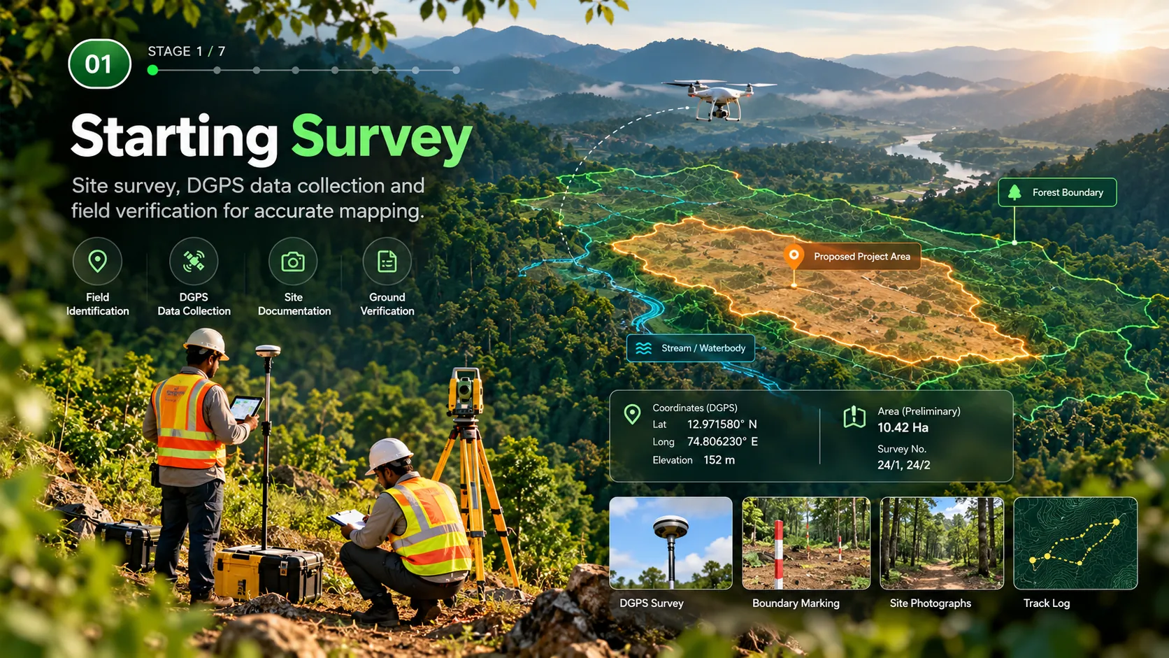 Surveyors setting up DGPS and total-station equipment on a forested ridge