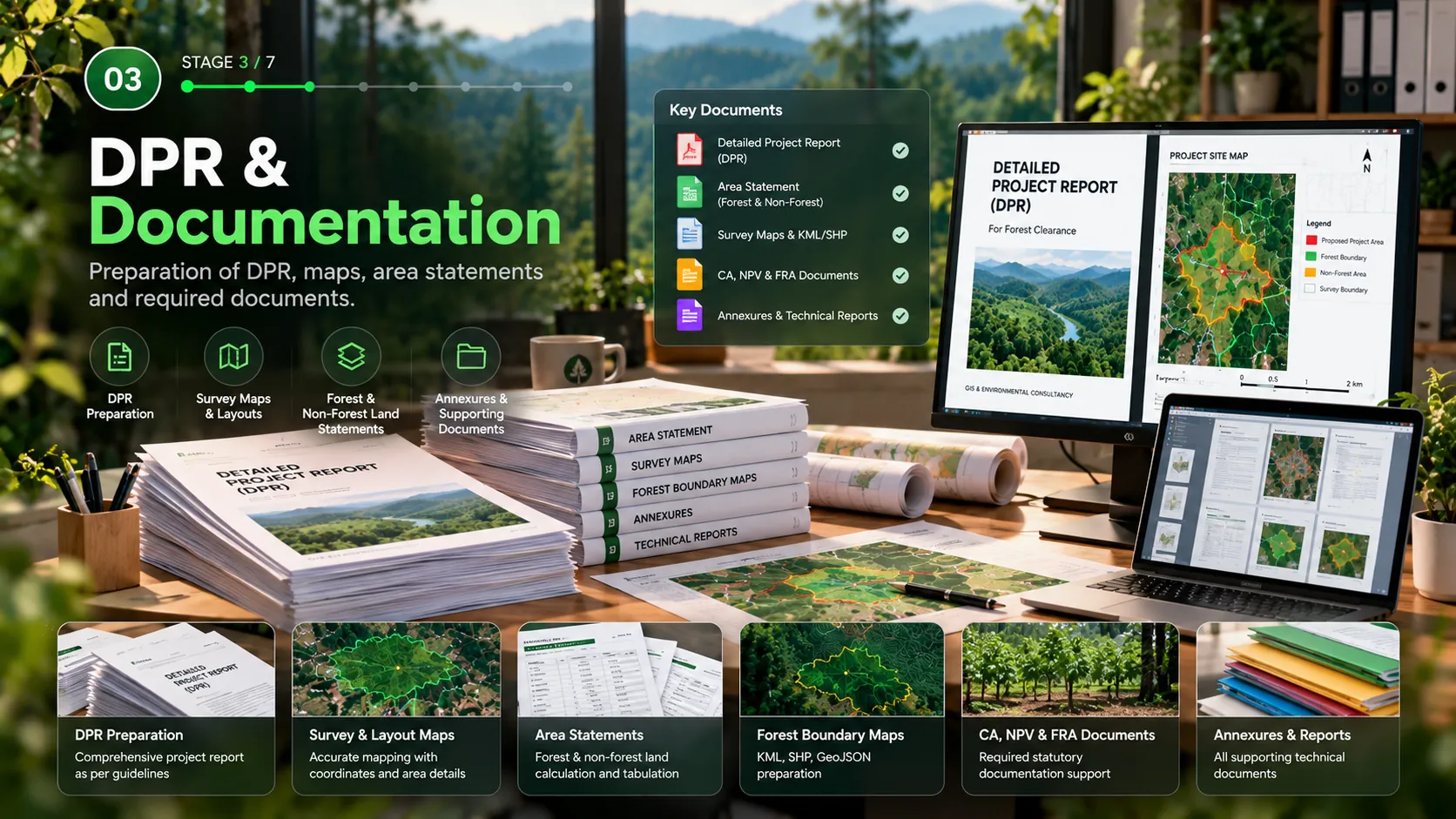 Detailed Project Report volumes, survey maps and area statements on a desk